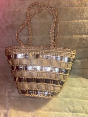 Woven Straw Tote with Silver Accent Strips